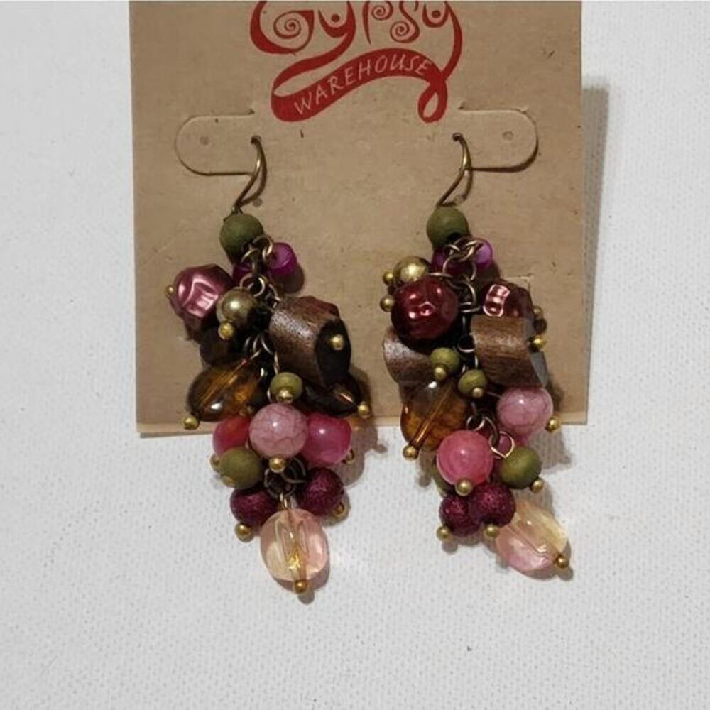 Treska Gypsy Pink Olive Green Wood Beaded Cluster Drop Earrings Boho Dangles